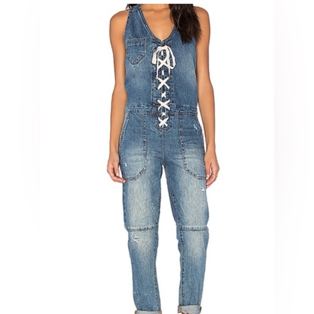 BLANK NYC Denim Lace Up Overall Jumpsuit Size XS NWT